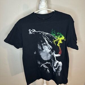 Black Graphic T-Shirt with Bob Marley Smoke
